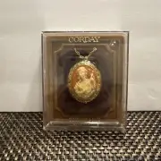 Corday Solid Perfume Cameo Locket Pendant Necklace 30 Inch Gold Tone Vintage