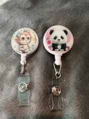 New 2 Pc Badge Holder Clip Retractable Id Panda Bear Monkey Women’s