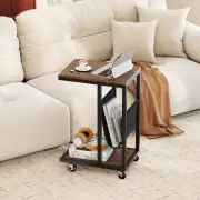 CostwayC-shaped Side Table on Wheels with Storage Pouch-Brown