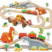 [Lehoo Castle] Wooden Train Set, Toy Trains & Train Sets, Train Toy Dinosaur Toys for 3 4 5 Year Old Boys, Magnetic Train with Wooden Rails