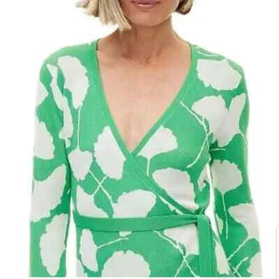 DIANE VON FURSTENBERG SIZE XS GREEN & WHITE GINKGO WRAP TUNIC DRESS