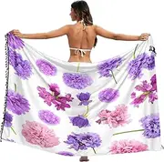 [RPLIFE] Purple Pink Flowers White Cover Up Sarong, Fringe Skirt Swim Cover up for Summer Pool/beach, Large, Purple Pink Flowers White, Medium