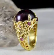 UNIQUE NATURAL PINK TOURMALINE CABOCHON CUT CARVED SILVER GOLD PLATED RING