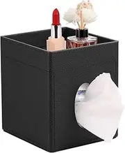 LAMOTI Leather Tissue Box Cover with Storage Tray, Square Facial Tissue Box Holder for Bathroom, Office Table, Countertop, Night Stand & More (Black)