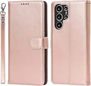 [Cavor] for Samsung Galaxy S22 Ultra Wallet Case for Women Flip Kickstand PU Leather Case with Card Holder Wristlet Hand Strap Stand Protective Cover for Galaxy S22 Ultra 5G Phone Cases-Rose Gold