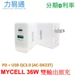 MYCELL 36W雙孔PD+QC3.0電源充電器 36W旅充頭(AC-DK23T)