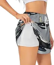 [WURTON] Aircraft Fighter Jets Print Exercise Gym Workout Shorts Women's Athletic Shorts Dual-Layered Yoga Running Shorts
