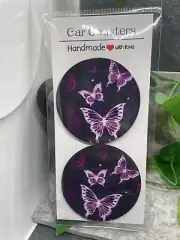 2 PC Car Cup Holder Coaster Set 2.75" Anti Slip Silicone Back New Butterfly 15