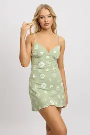 Green Abstract Mini Dress Strappy - Size 6, Women's Skater Dress