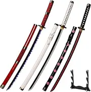 3pc Set Roronoa Zoro Swords With Display Stand,Kitetsu,Wado Ichimonji,Shusui,Anime Samurai Cosplay Sword,Bamboo Blade Katana,for Role-Playing and Collection.