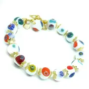 Murano Glass Bracelet White Multi Gold Millefiori Venice 15 Beads