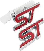1x ST Grille + 1x Rear Lid Trunk Sport Turbo Car Metal Emblem 3D Badge Decal Sticker Nameplate (Silver Red)