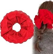 Large Red Lace Scrunchies, Elastic Hair Ties Ropes, Ponytail Holder Hair Accessories for Ladies Girls, Thick Bulk Scrunchies