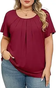 [Younrui] Women's plus size tops Summer Short Sleeve Crewneck Shirts Loose Fit Casual Blouse Tunic Tops wear with Leggings