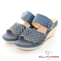 在飛比找momo購物網優惠-【CUMAR】鏤空皮革楔型涼鞋楔型涼拖鞋(藍色)
