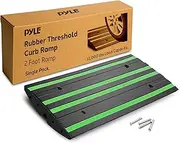 Pyle 2 Ft. Rubber Threshold Curb Ramp for Driveway - Heavy Duty Non-Slip Ramp for Vehicles - Green Reflective Strip, Marine Grade Waterproof, Ideal for Driveways & Sidewalks, 24.0"x16.0"x2.6" Inches