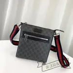 二手精品 GUCCI 古馳 GG SUPREME PVC 方形拉鏈 斜背包 黑灰 郵差包 男包 523599 實拍