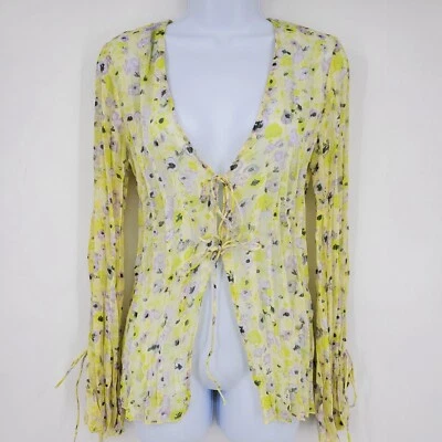 NWT H&M Yellow Floral Print Tie Front Trumpet Sleeve Sheer Fairy Top Shirt Small