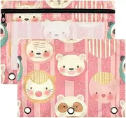 Peach Cute Cartoon Animals poucheses with Zipper with Clear Window Fabric Big Capacity 3 Rings for Classroom School Office Supplies Multicolored 2 PCS