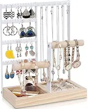 [FYKEY] Jewelry Stand Necklace Holder, 4-Tier Earring Organizer, Jewelry Display Storage with Wooden Tray Ring Holder, 6 Hooks for Necklace Hanging, for Bracelets, Earrings, Rings, Watches (White)