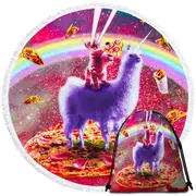 Cool Crazy Art Outer Space Cat Riding on Llama Unicorn Round Beach Towel
