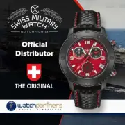 CX Swiss Military RALLYE GMT NERO RAWHIDE 44mm Chrono watch Red dial 27531