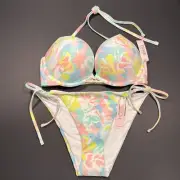 Victoria Secret 34C M Bombshell Push Up Bikini Top Bottom Set Blue Pink Pastel