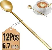 12 Pcs Coffee Spoons Set, 6.7" Gold Tea Spoons Long Handle, Gold Small Teaspoons, Stainless Steel Espresso Spoon, Long Spoon for Stirring, Coffee Bar Accessories