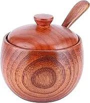 Wood Salt Box Spice Jar, Natural Wooden Salt Cellar with Lid and Spoon, Sugar Bowl Pepper Seasoning Container for Kitchen, Serving, Condiment, Japanese Style