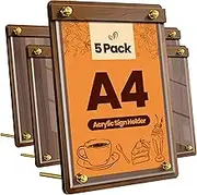 VAIIGO A4 Acrylic Sign Holder 5 Pack - Slant Perspex Display Stand, A4 Plastic Poster Menu Holder for Tables, Clear Leaflet Frame Document Holder for Cafe, Retail, Hotel, Office, Counter