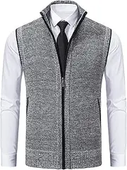 [SWJGLITTR] Men’s Thick Wool Blend Cardigans Vest Stand Collar Vests Sweater Outerwear Sleeveless Knitted Pockets Vest, Light Gray, Medium