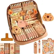 Cute Capybara Pencil Case with 10 Compartments, 90° Wide Opening Mouth, Multi-Layer Large Capacity Pencil Pouch with Kawaii Pins, Plush Cute Stationery, Fabric, 1set