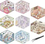 8 Sets DIY 3D House Stickers with Tweezers, Fun 3D Sticker Scene Make Your Own Mini Room Scenes, Kawaii Cartoon Cute Stickers for Adult Relief Stress Pass The Time (5.8 Inch)