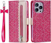 Compatible with iPhone 12 Mini, Leather Zipper Wallet Flower Lace Pattern Case with Credit Card Slots Holder Magnetic Flip Kickstand Cover Case for iPhone 12 Mini
