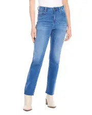 Karen Kane Petite High Rise Raw Hem Straight Jeans in Denim