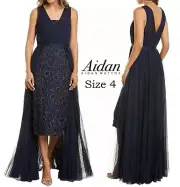 NWT Aidan Mattox Women Metallic Embroidered Lace Mesh Overlay Navy Dress Size 4