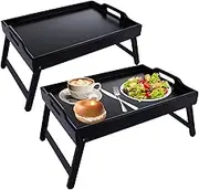 DAJAVE 2 Pcs Bamboo Bed Table Bed Tray with Folding Legs, Black Breakfast Trays Table with Handle Multipurpose Lap Trays for Sofa, Eating, Working, Used As Desk Snack Tray