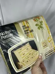 Vintage JC Penney NOS Fitted Bed Sheet Full Size Mustard Yellow Floral Percale
