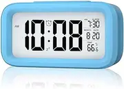 TooToo Digital LED Snooze Alarm Clock Bedside Time Temperature Day/Night Desktop Clocks Bedside Clock with Snooze, Night Light & Light Sensor - 12/24H Time Format, Date Display (Blue)