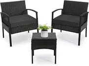 PROHIKER 3 PCS Patio Rattan Conversation Chairs Set, Outdoor Patio Furniture Balcony Furniture Set, Wicker Patio Set for Garden Porch Balcony Yard, Black