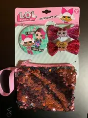 LOL SURPRISE! GIRL'S ACCESSORY SET 2 HAIR BOWS, I TWO WAY SEQUIN POUCH, 1 MIRROR