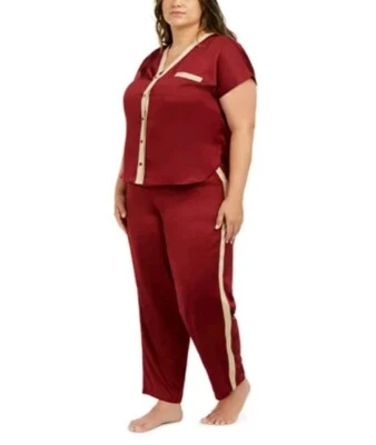 INC International Concepts Plus Size Satin Tuxedo Pajama Size 3X NWT Wine/Gold
