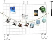 Photo Wall Grid Panel Set of 2, Decor Display Shelves With Hooks, Clips, Hemp Cord, Hammer, 15.7" × 11.8", White UWWGM3402W