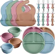 Yinder 24 Pack Silicone Baby Feeding Set Baby LED Weaning Supplies Includes Suction Divided Plates Soft Bowl Spoons Forks Adjustable Bib