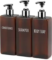 Segbeauty Refillable Pump Dispenser, 3pcs 500ml Square Shampoo Bottles with Labels, Empty Reusable Plastic Lotion Dispenser, Containers for Conditioner Body Soap Hand Soap, Amber
