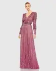Mac Duggal NWT Sequined Wrap Over Bishop Sleeve Gown in Mauve Size 6