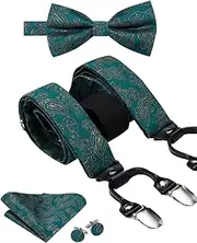 [keusyoi] Vintage Silk Men's Suspender Set Gold Floral Suspender and Bow Tie Set Leather Metal 6 Clips Suspender Braces