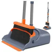 Upgrade Broom and Dustpan Set, Self-Cleaning with Dustpan Teeth, Gray&orange