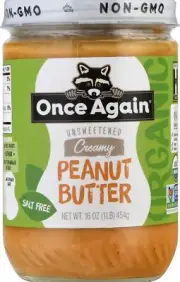 Organic Creamy Peanut Butter 16 Ounce Unsweetened Salt Free Vegan Glass Jar
