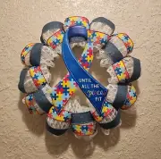 Autism Awareness Wreath - Puzzle Piece Ribbon - Ribbon and Mesh